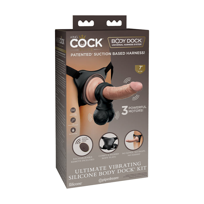 Pipedream King Cock Elite Ultimate Vibrating Silicone Body Dock Kit With Rechargeable Remote-Controlled 7 in. Realistic Dildo & Swinging Balls Beige/Black
