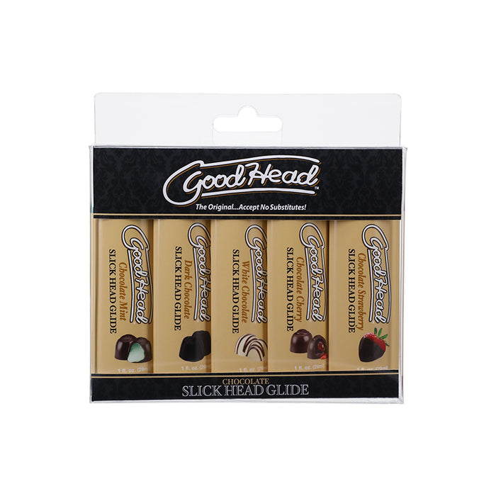 GoodHead Slick Head Glide Chocolate 5 Pack 1 oz. Chocolate Mint, Dark Chocolate, White Chocolate, Chocolate Cherry, Chocolate Strawberry