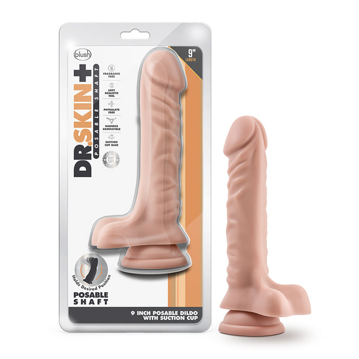 Blush Dr. Skin Plus Realistic 9 in. Triple Density Posable Dildo with Balls & Suction Cup Beige