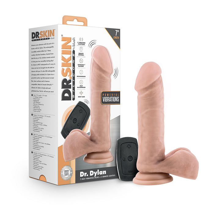 Blush Dr. Skin Silicone Dr. Dylan Rechargeable Remote-Controlled 7.5 in. Vibrating Dildo with Balls & Suction Cup Beige