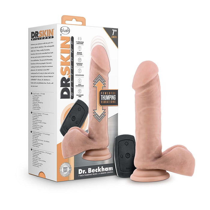 Blush Dr. Skin Silicone Dr. Beckham Rechargeable Remote-Controlled 7 in. Thumping Dildo with Balls & Suction Cup Beige