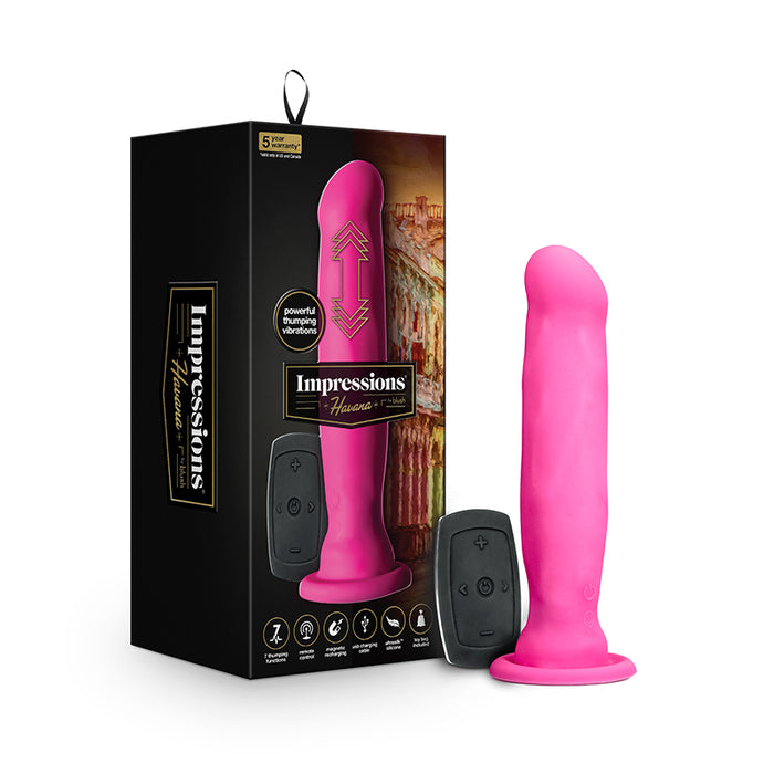 Blush Impressions Havana Rechargeable Remote-Controlled Silicone 8 in. Thumping Dildo with Suction Cup Pink