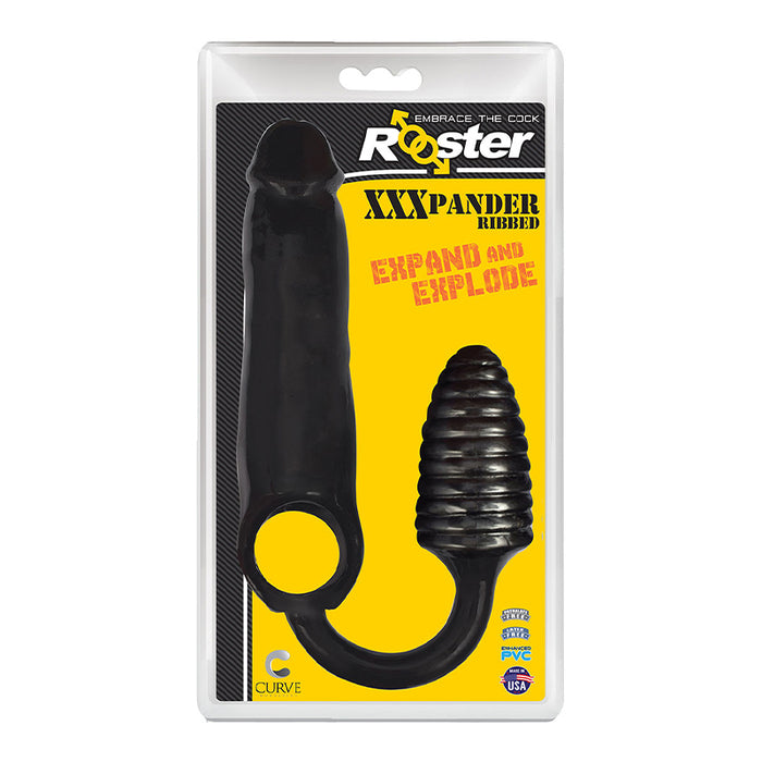 Curve Toys Rooster XXXPANDER Ribbed Penis Extender Sheath with Cockring & Anal Plug Black