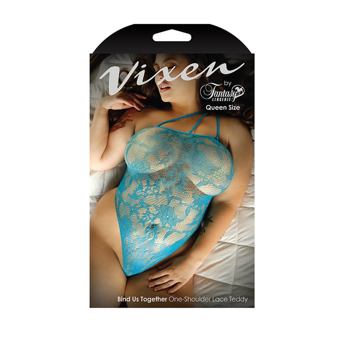 Fantasy Lingerie Vixen Bind Us Together One-Shoulder Lace Teddy Blue Queen Size