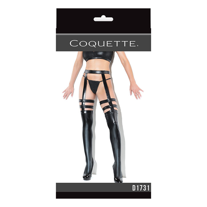 Coquette Thigh-High Wetlook Stockings with Garters Black OS Boxed