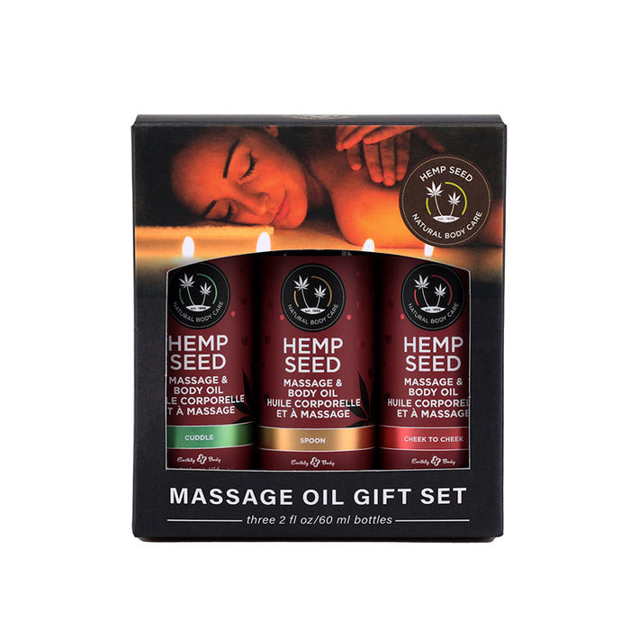 Earthly Body Hemp Seed Valentine Massage Oil Trio Gift Set includes 1 of each: 2oz Massage Oil Cuddle, Spoon, and Cheek-to-Cheek
