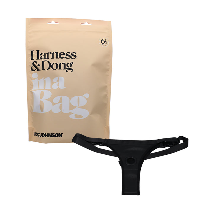 Doc Johnson Harness & Dong In A Bag Adjustable Faux Leather Strap-On with 5.25 in. Silicone Dildo Black