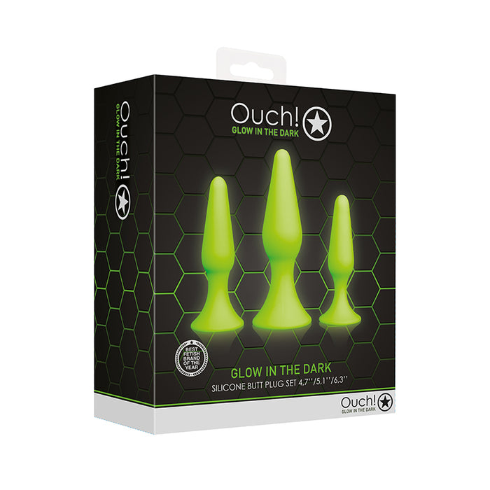Ouch! Glow in the Dark 3-Piece Silicone Anal Plug Set Neon Green