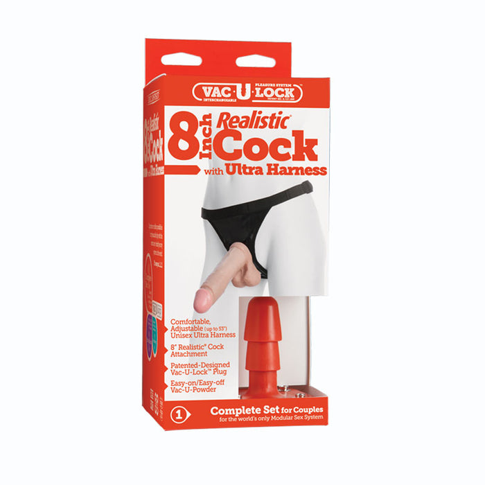 Vac-U-Lock - 8 Inch Classic Dong - With Ultra Harness White