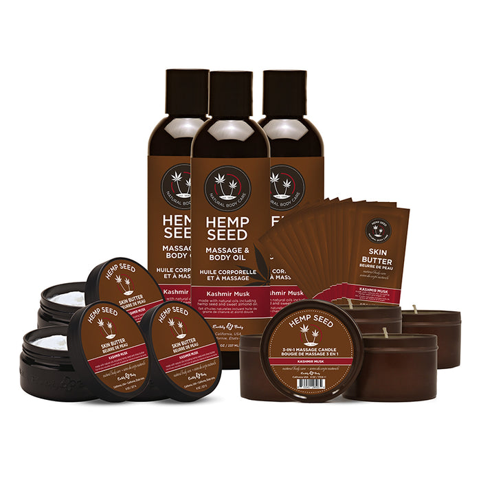 Earthly Body Hemp Seed New Fragrance Prepack in Kashmir Musk Includes: 3 of each Skin Butter 8 oz., Massage Oil 8 oz., and Massage Candle 6 oz. + Free Candle Tester, 6 Skin Butter Foil Samples, and a Glorifier