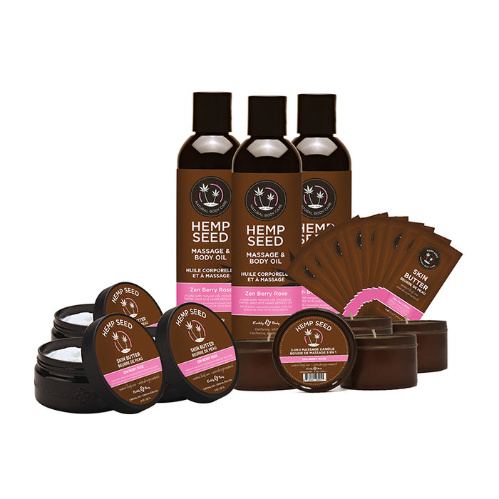 Earthly Body Hemp Seed New Fragrance Prepack in Zen Berry Rose Includes: 3 of each Skin Butter 8 oz., Massage Oil 8 oz., and Massage Candle 6 oz. + Free Candle Tester, 6 Skin Butter Foil Samples, and a Glorifier