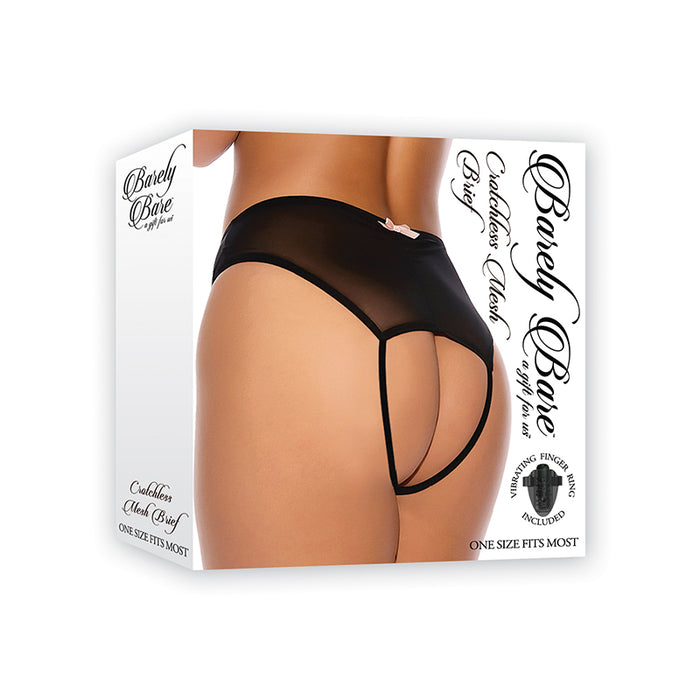 Barely Bare Crotchless Mesh Brief With Vibrating Finger Ring Black O/S