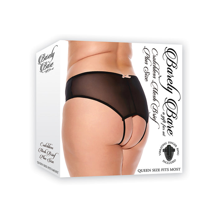 Barely Bare Crotchless Mesh Brief With Vibrating Finger Ring Black Queen Size