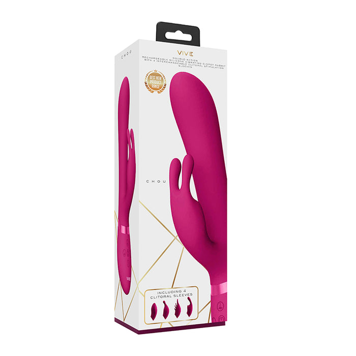 VIVE CHOU Rechargeable Silicone Rabbit Vibrator With Interchangeable Clitoral Sleeves Pink