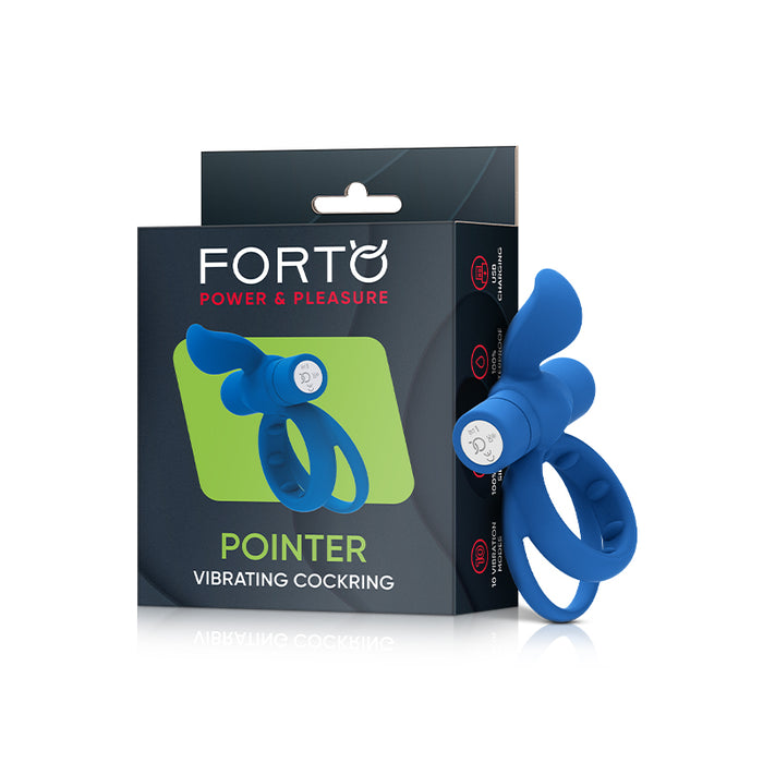 Forto Pointer Rechargeable Silicone Vibrating Dual Cockring with External Stimulator Blue