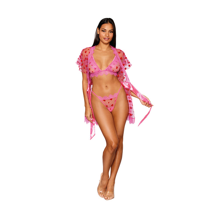 Dreamgirl Flocked Heart Mesh and Eyelash Lace Robe, Bralette, and G-string Set Peony M