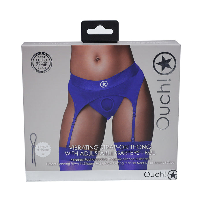 Ouch! Vibrating Strap-on Thong with Adjustable Garters Royal Blue M/L