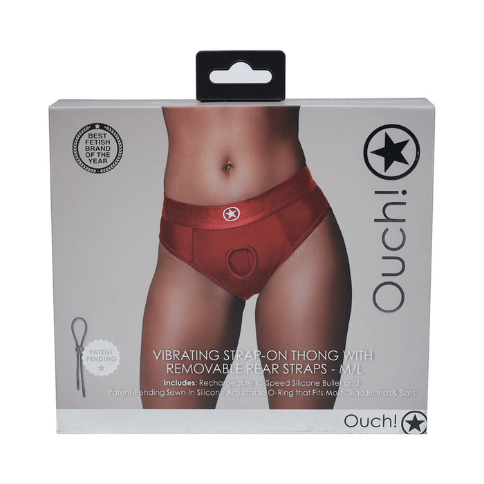 Ouch! Vibrating Strap-on Thong with Removable Butt Straps Red M/L